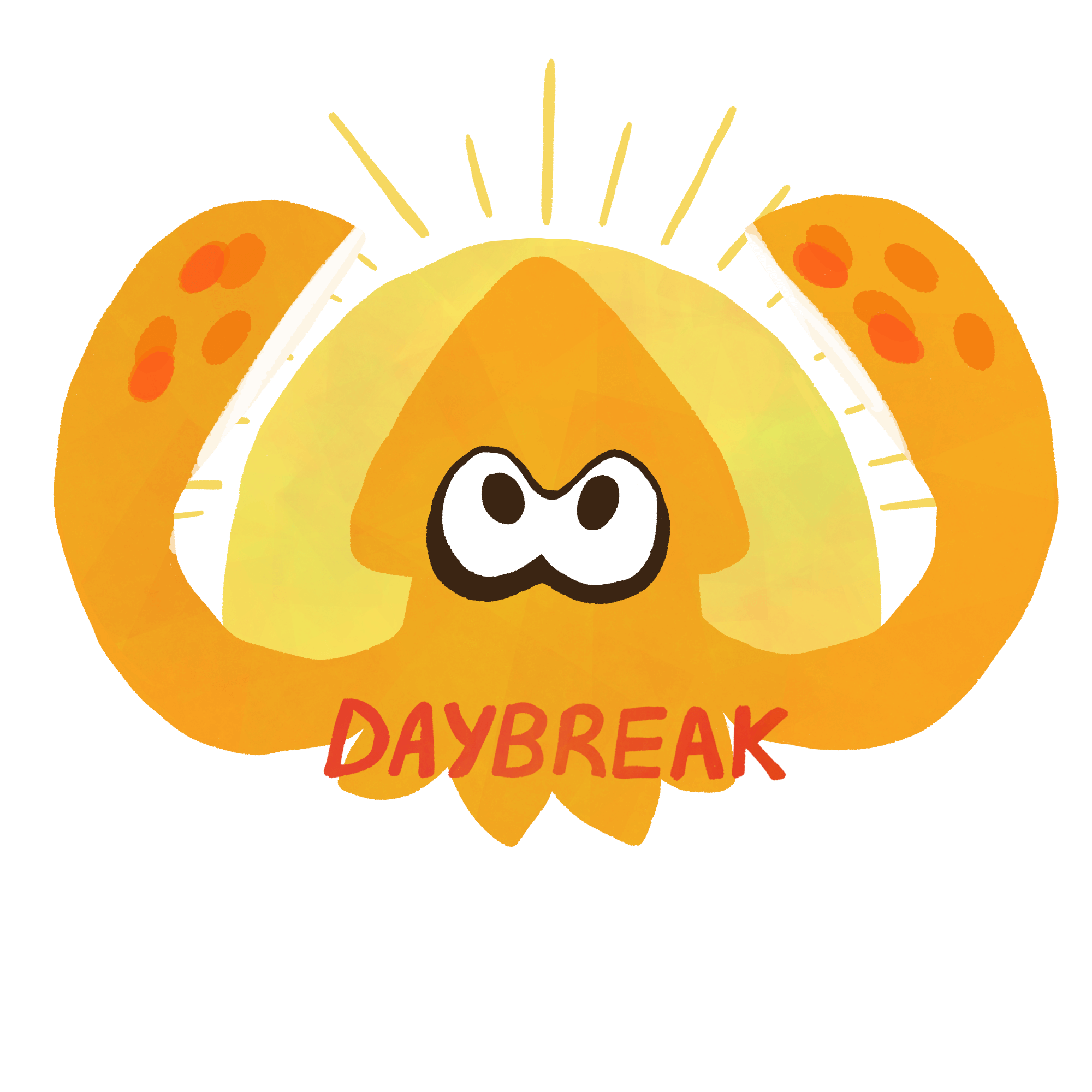 Graphic for LG daybreak logo, featuring a yellow-orange squid with its tentacles outstretched encompassing a sun. Red-orange 'daybreak' text overlays the bottom of the squid.