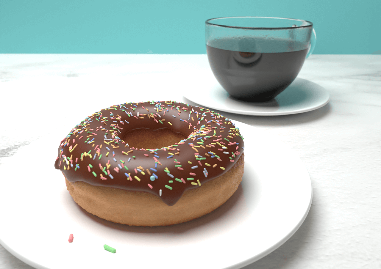 A photorealistic 3D model of a chocolate-frosted sprinkle donut sits atop a white plate on a marble countertop. Two sprinkles sit on the plate in front of the donut. Behind the donut sits a teacup on a smaller white saucer. The teacup is filled with coffee with condensation near the top of the cup. A reflection of the donut can be seen on the side of the glass.