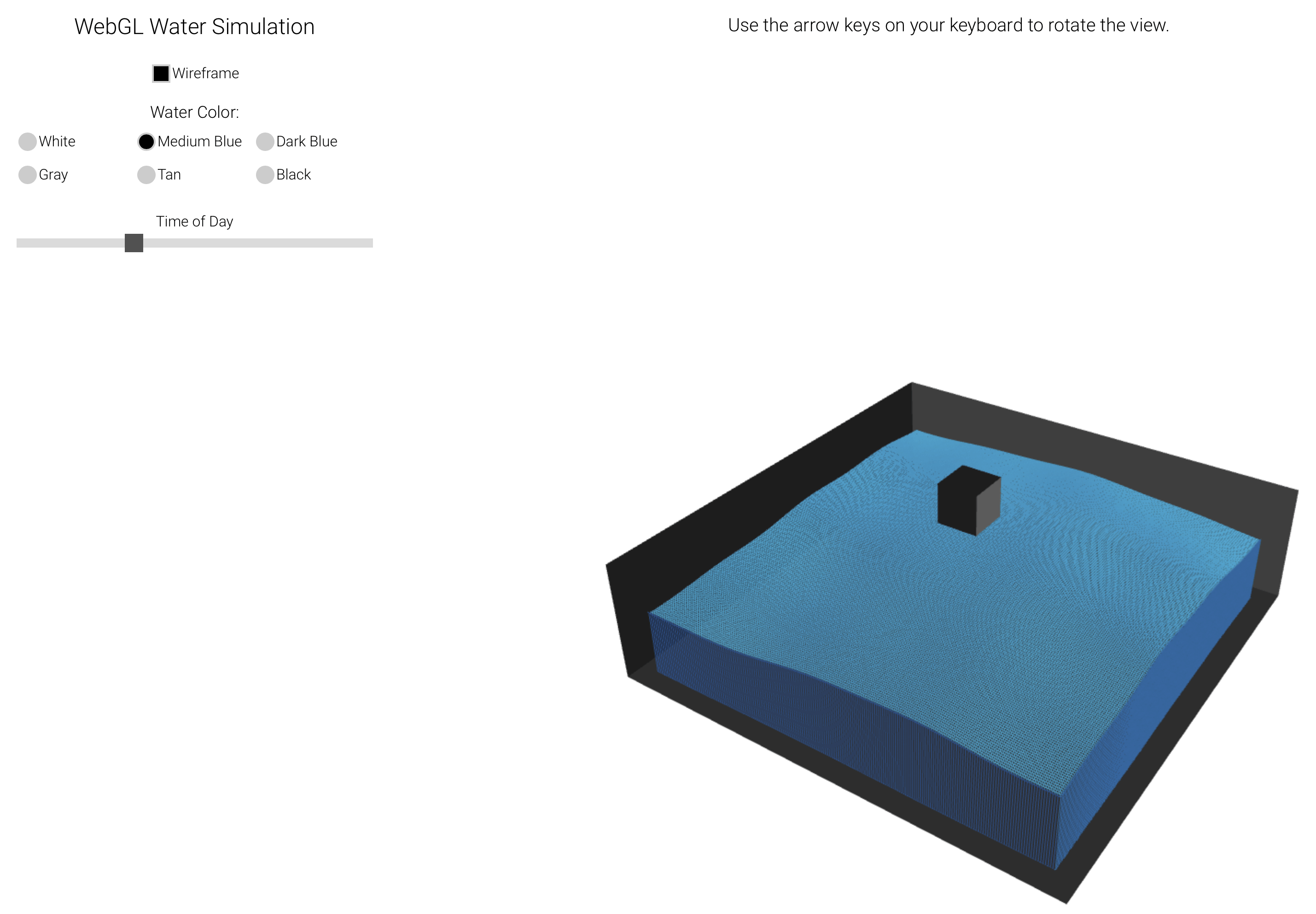 A water simulation with low amplitude and frequency. The lefthand column reads 'WebGL Water Simulation'. Wireframe checkbox, checked. Water Color: with options White, Medium Blue (selected), Dark Blue, Gray, Tan, Black. Time of day slider, 35%. The top text reads 'Use the arrow keys on your keyboard to rotate the view.' The right view shows a black box hovering over a blue distorted rectangular prism contained within a black box with 2 sides and the top missing.