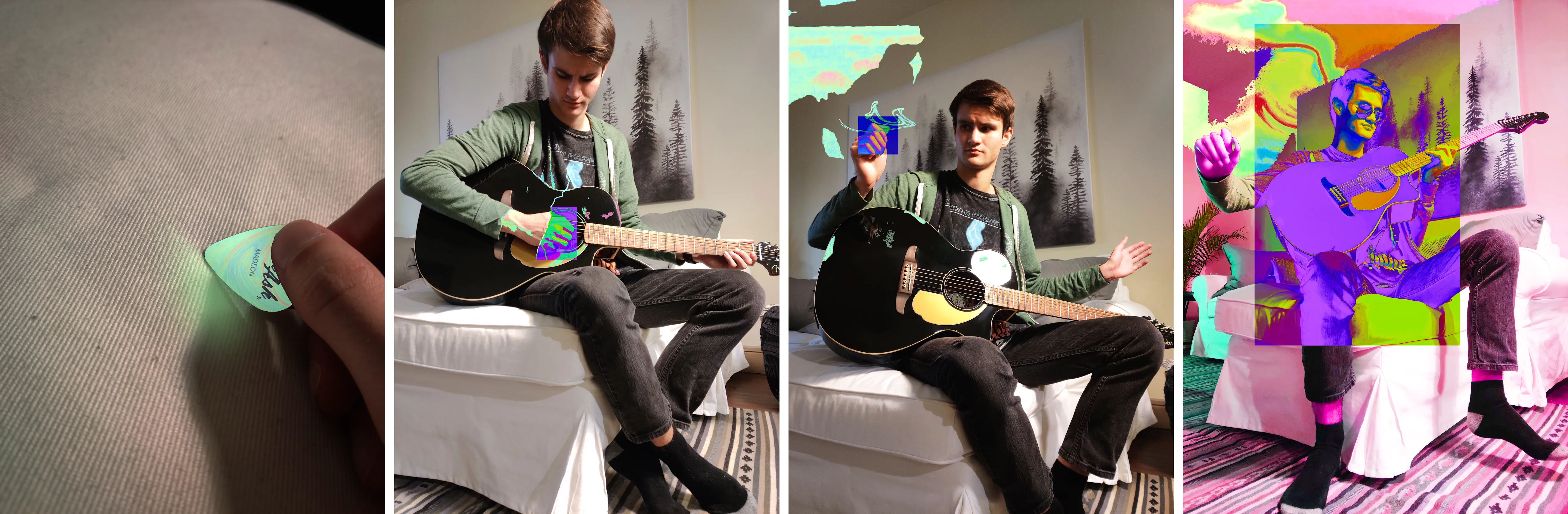 Four-panel visual story. Panel 1: someone picks up a guitar pick with a green, orange, and blue swirl, labeled 'Madeon', emitting a faint green glow. Panel 2: a man in a green hoodie and 'Madeon Presents' t-shirt sits on a white couch with an acoustic guitar; a lightning bolt from the shirt strikes the pick, emitting a violet cube that distorts surrounding colors. Panel 3: the man curiously examines the pick, now glowing purple and green with color distortion around it. Panel 4: the man strums confidently wearing sunglasses, the entire scene transformed to pink and green vaporwave colors with a heavily saturated rainbow palette around the guitar base. He is smiling.