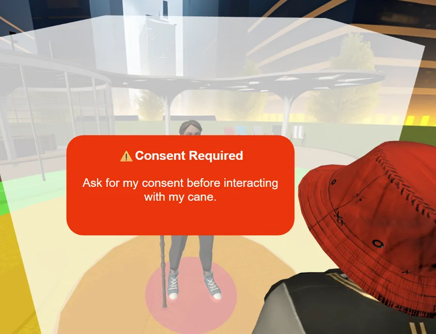 Social VR scene where a translucent barrier surrounds an avatar with a walking cane, warning an approaching avatar: 'Consent Required. Ask for my consent before interacting with my cane.'