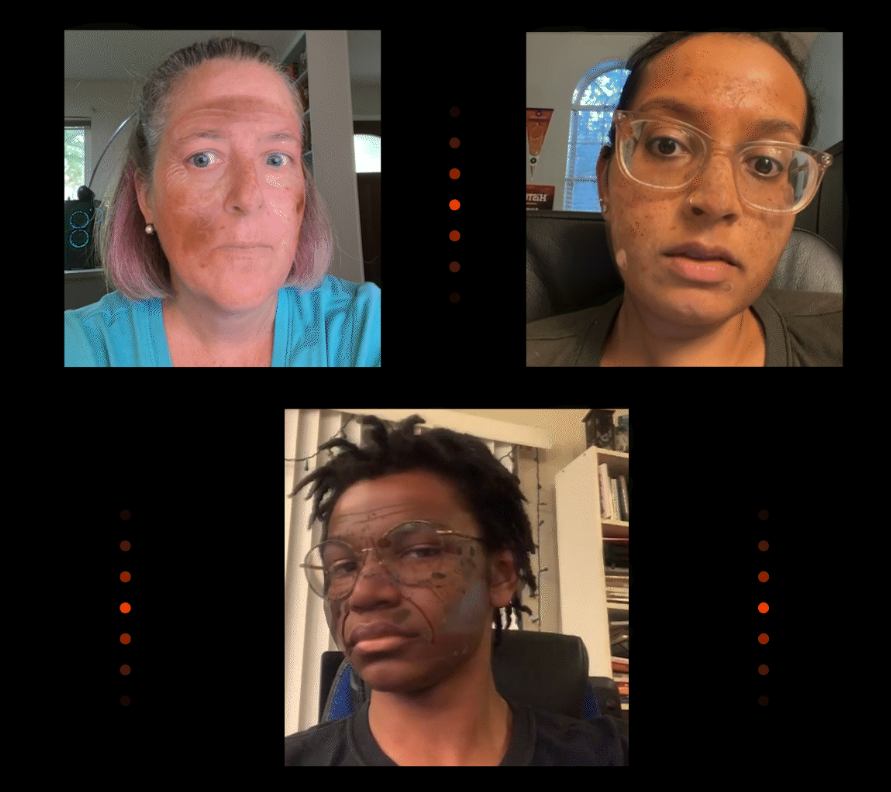 Three individuals sit with varying degrees of wrinkles, sunburn, hyperpigmentation, tan, and freckles shown through an augmented reality filter on their faces.